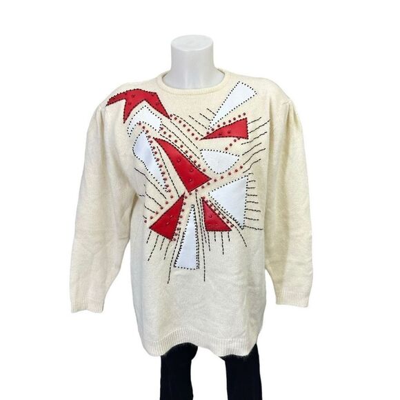 TED LAPIDUS Angora Lambswool Knit Patchwork Vintage‎ Sweater Puff Sleeves sz M - Picture 1 of 11